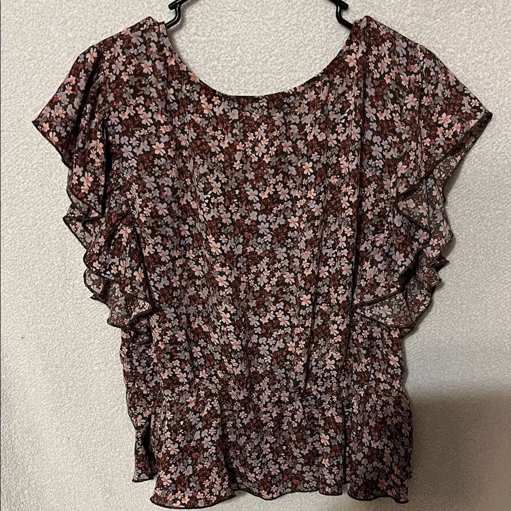 Maurices Floral Ruffle Sleeve Blouse - Black and Pink - Picture 6 of 6